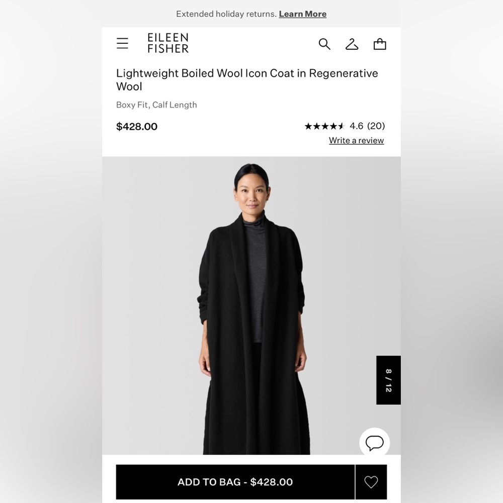 Eileen Fisher Lightweight Boiled Wool Icon Coat in Regenerative Wool Size L